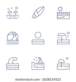 Beach icons set. Thin Line style, editable stroke. surfing board, sunrise, beach, wave, beach ball.