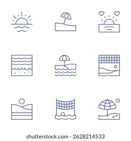 Conjunto de iconos de playa. Estilo de línea delgada, estilo editable. playa, voleibol de playa, puesta del sol, salida del sol.