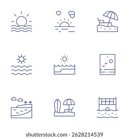 Beach icons set. Thin Line style, editable stroke. sun, sunset, sea, beach, beach volleyball.