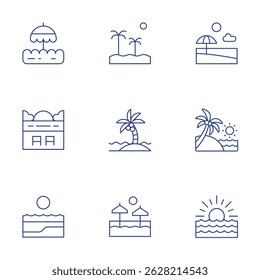 Beach icons set. Thin Line style, editable stroke. beach, beach sunset, sunset, summer holidays.