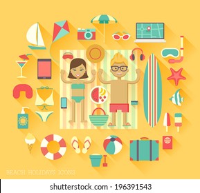 Beach icons set. Vector illustration. 