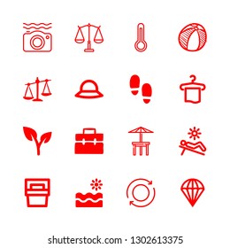 beach icons set with waterproof camera, parachute and towel vector set