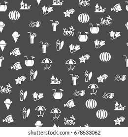 Beach icons in single color. Seamless pattern. Background vector illustration.