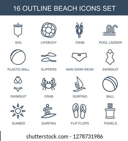 beach icons. Trendy 16 beach icons. Contain icons such as sail, lifebuoy, crab, pool ladder, plastic ball, slippers, man swim wear, swimsuit, surfing. beach icon for web and mobile.