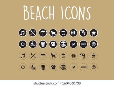 Beach icons with umbrella, restaurant and more