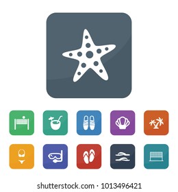 Beach icons. vector collection filled beach icons such as diving mask, volleyball net, flip flops, coconut cocktail, starfish, shell, flip-flops, volleyball, palm