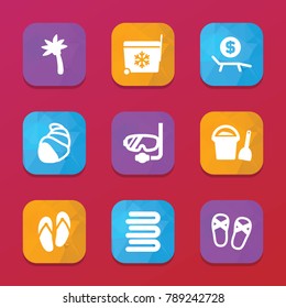 Beach icons. vector collection filled beach icons set.. includes symbols such as towels, lounger rent, refrigerator bag, shell, diving mask. use for web, mobile and ui design.
