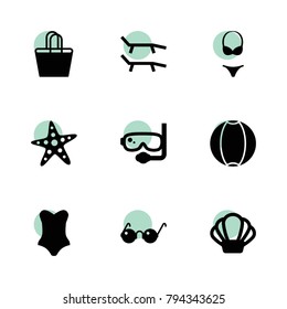 Beach icons. vector collection filled beach icons set.. includes symbols such as diving mask, ball, lounger, beach bag, swimsuit. use for web, mobile and ui design.