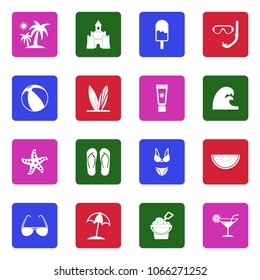 Beach Icons. White Flat Design In Square. Vector Illustration. 