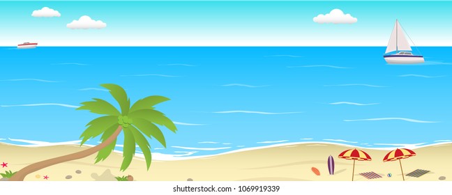 beach illustration background with coconut tree, passing yacht and umbrella surf board. tropical beach drawing. summer party scene of a beach