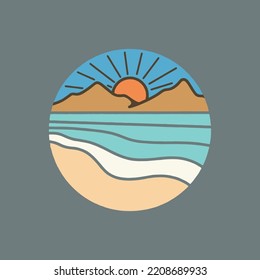 beach illustration badge shape mono line patch vintage