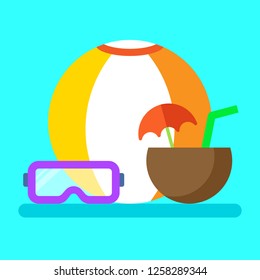 Beach illustration with ball, cocktail and diving mask in flat style. Vector illustration