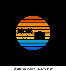 Las vistas de la playa al embarcadero retro vintage con un estilo de los años 80-90. Silueta negra de una palmera. Círculo rayado. Plantilla de diseño de vectores para logotipos, insignias, banners, impresiones. Fondo negro aislado.