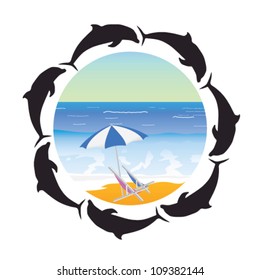 beach illustration and dolphin art vector silhouette