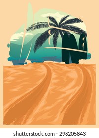 Beach illustration with double exposure effect.
