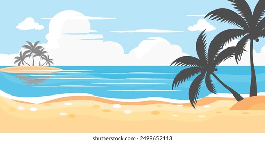 beach illustration in flat style. summer background. sales background in summer. cloudy sky above the beach.