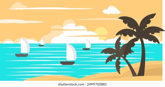 beach illustration in flat style. summer background. sales background in summer. cloudy sky above the beach.