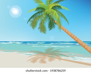 beach illustration with green palm vector and sea background