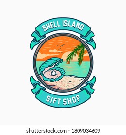 beach illustration logo with shell, pearl, coconut tree, sunset sunrise tropical icon design, in trendy colorful hipster badge