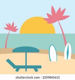 Beach illustration with lounger, surfboards and palm trees