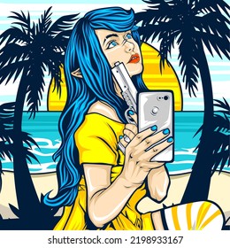 beach illustration with model with vibrant color