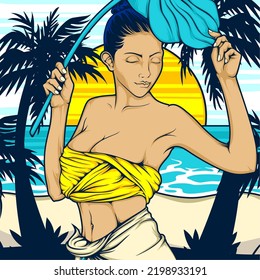 beach illustration with model with vibrant color