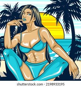 beach illustration with model with vibrant color