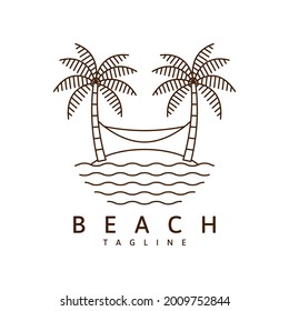 Beach illustration monoline or line art style, beach, sea, coconut trees, hammock vector design illustration