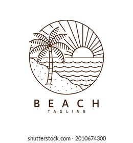 Beach illustration monoline or line art style, beach, sea, coconut trees, sun vector design illustration