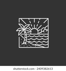 Beach illustration monoline or line art style, beach, sea, coconut trees, sun vector, design can be for t shirts, sticker, printing needs