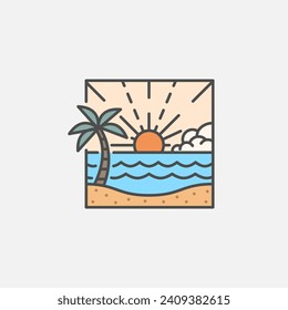 Beach illustration monoline or line art style, beach, sea, coconut trees, sun vector, design can be for t shirts, sticker, printing needs