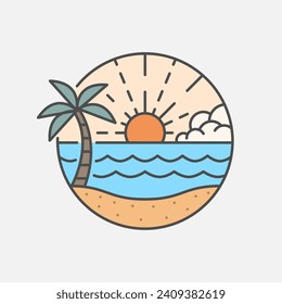 Beach illustration monoline or line art style, beach, sea, coconut trees, sun vector, design can be for t shirts, sticker, printing needs