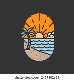 Beach illustration monoline or line art style, beach, sea, coconut trees, sun vector, design can be for t shirts, sticker, printing needs