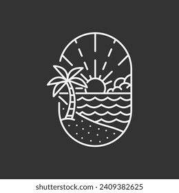 Beach illustration monoline or line art style, beach, sea, coconut trees, sun vector, design can be for t shirts, sticker, printing needs