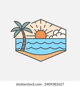 Beach illustration monoline or line art style, beach, sea, coconut trees, sun vector, design can be for t shirts, sticker, printing needs