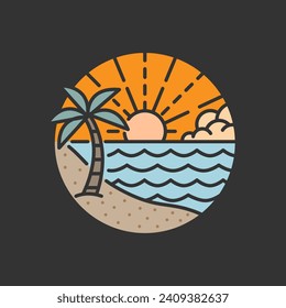 Beach illustration monoline or line art style, beach, sea, coconut trees, sun vector, design can be for t shirts, sticker, printing needs