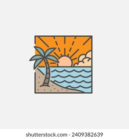 Beach illustration monoline or line art style, beach, sea, coconut trees, sun vector, design can be for t shirts, sticker, printing needs