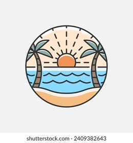 Beach illustration monoline or line art style, beach, sea, coconut trees, sun vector, design can be for t shirts, sticker, printing needs