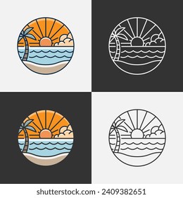 Beach illustration monoline or line art style, beach, sea, coconut trees, sun vector, design can be for t shirts, sticker, printing needs