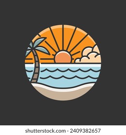 Beach illustration monoline or line art style, beach, sea, coconut trees, sun vector, design can be for t shirts, sticker, printing needs