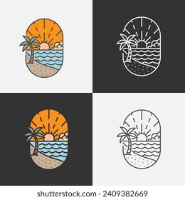 Beach illustration monoline or line art style, beach, sea, coconut trees, sun vector, design can be for t shirts, sticker, printing needs