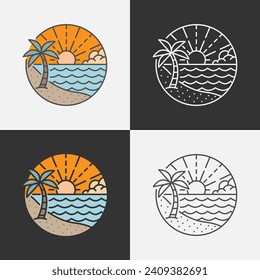 Beach illustration monoline or line art style, beach, sea, coconut trees, sun vector, design can be for t shirts, sticker, printing needs