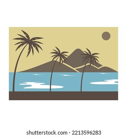 ilustración de la playa montañas y vector de diseño paisajístico de los cocoteros