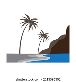 Strandgrafik - Berge und Kokospalmen - Landschaftsdesign Vektorgrafik
