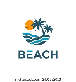 Beach with illustration palm trees sunset and flying bird vector logo design