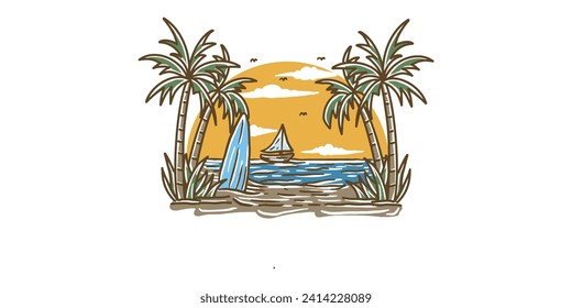 beach illustration summer vector sunset