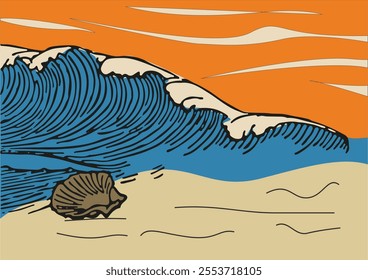 Beach illustration with sunset providing a dramatic effect on the waves and sky