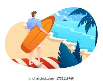 Ilustración de vectores de playa, un surfista listo para navegar por la Ola del Océano. Esta ilustración se puede usar para sitios web, páginas de inicio, web, aplicaciones y banner.