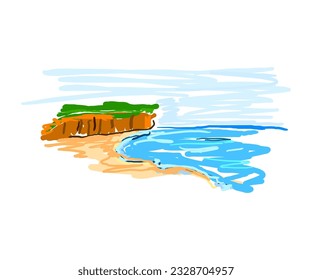 beach illustration vector Hand drawn design.Creative landscape background, sea and beach panorama. Summer sale post template