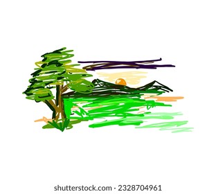 beach illustration vector Hand drawn design.Creative landscape background, sea and beach panorama. Summer sale post template